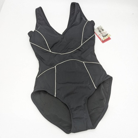 SPANX Other - Spanx Black Chic Trim One Piece Swimsuit Front And Back Plunge White Trim NWT 8